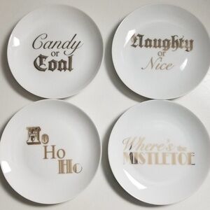 Primo Design 4 Holiday Christmas White Dessert Plates with Gold Lettering 6”